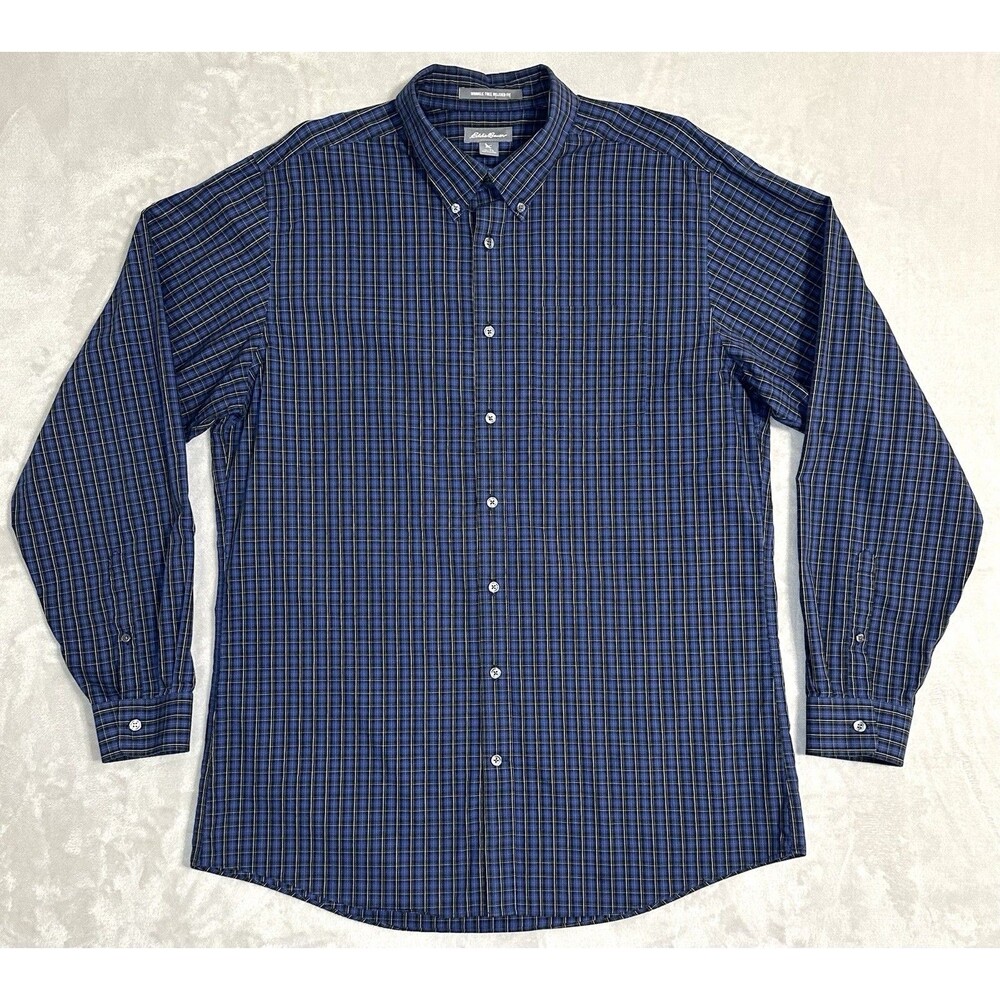 Eddie Bauer Men's TL Blue Plaid Wrinkle Free Relaxed Fit Button Down Shirt Tall